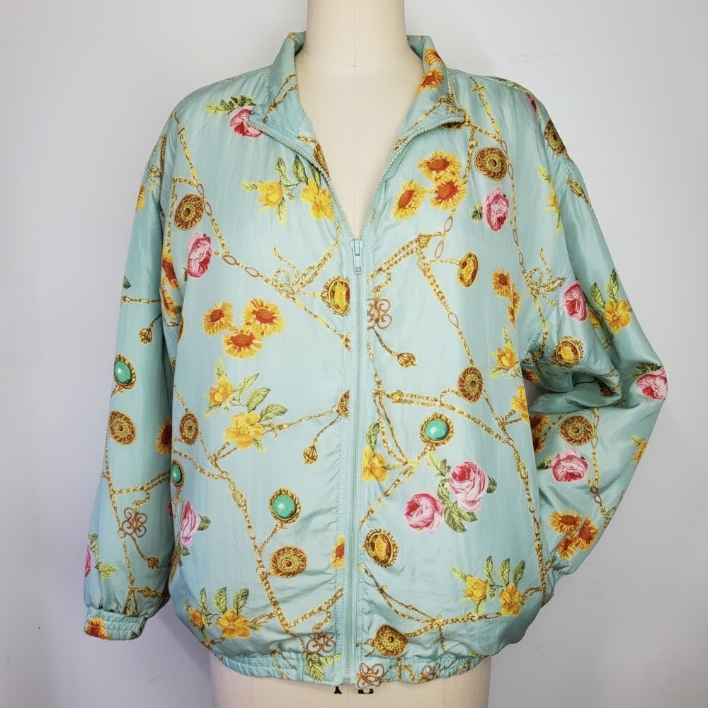 Avon Style Size M Windbreaker Jacket 100% Silk Classic Chains Flowers Turquoise